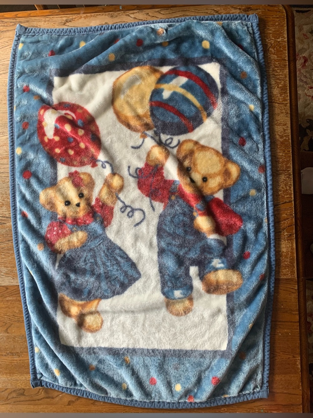 Vintage Blue Jean Teddy Bear Plush Fleece Baby Blanket Balloons ~42 X 30” 90s